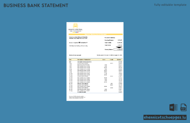 Beispielansicht eines Kontoauszugs der ecuadorianischen Zentralbank im Word- und PDF-Format